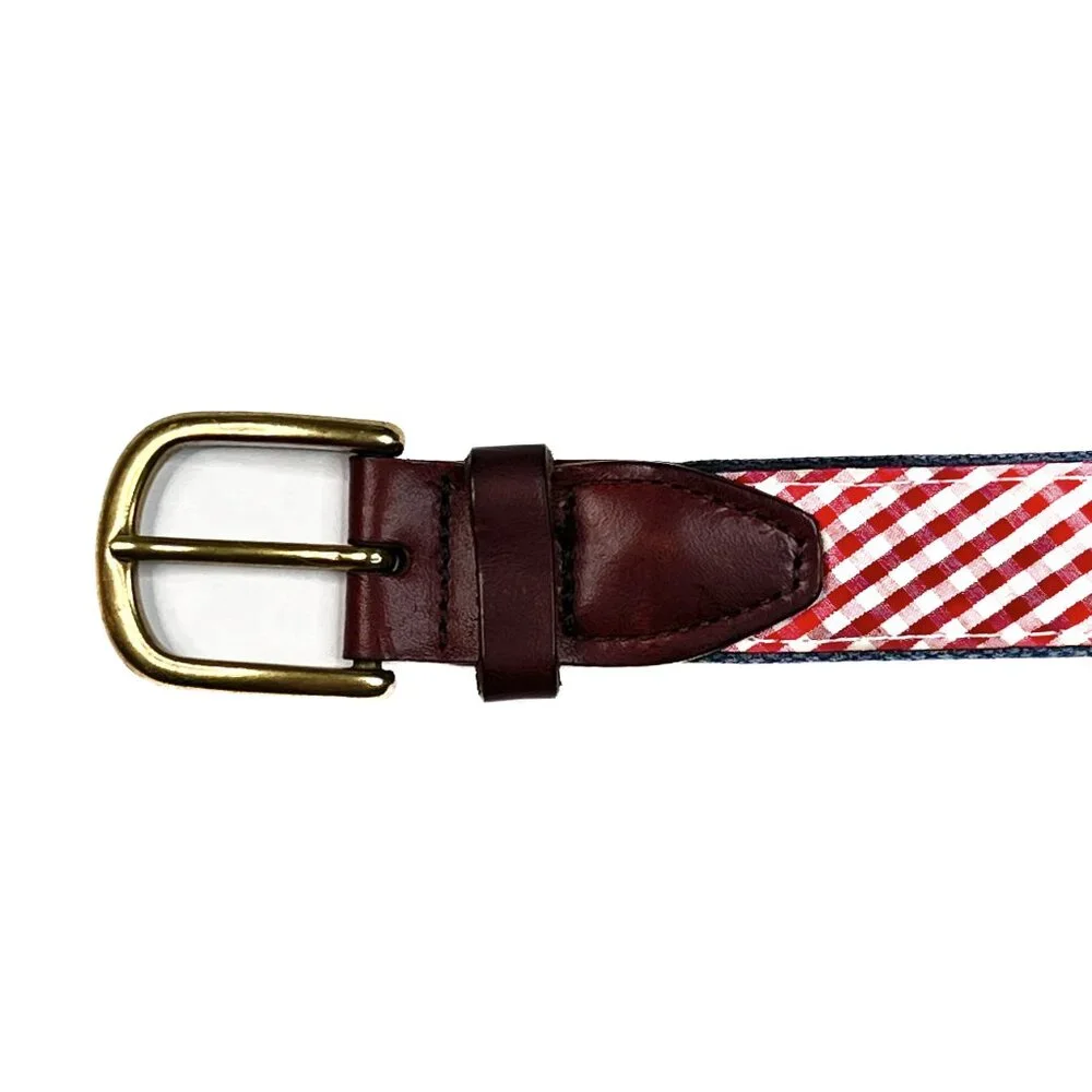 Olly Oxen Red Gingham Leather Belt‎ Solid Brass Buckle, Pima Cotton Size 34/85